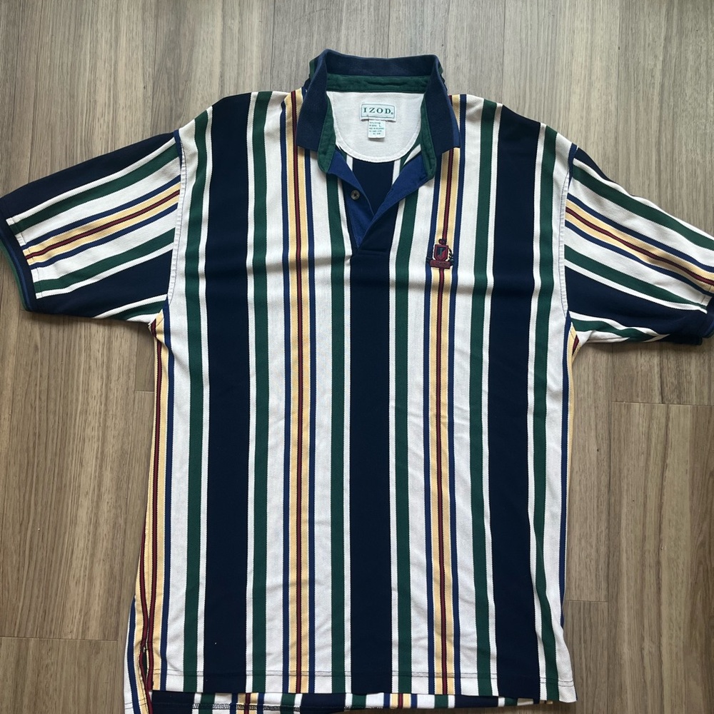 Izod Green and White Polo Shirt Classic Striped Design